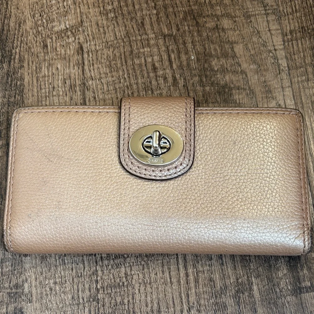 Coach Metallic Leather Tan Brown Kisslock Rehab Wallet clutch - Picture 2 of 8